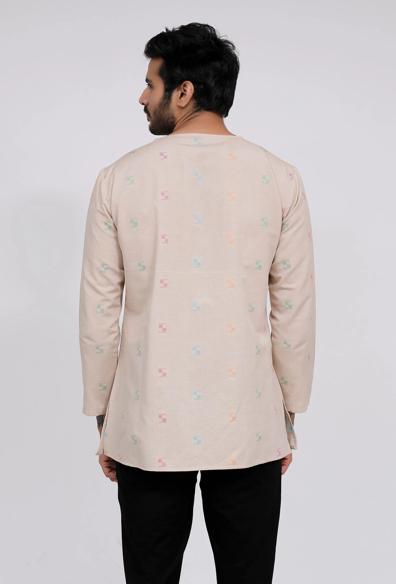Beige Dobby Round Neck kurta - Image 4