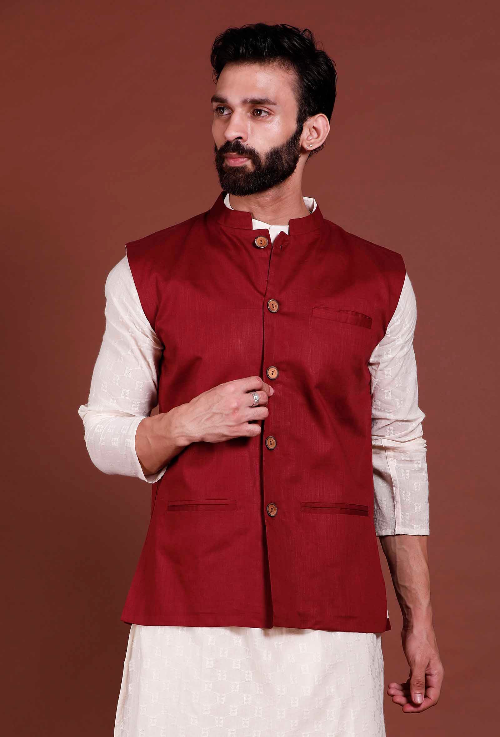 Dark Red Cotton Nehru Jacket - Image 3