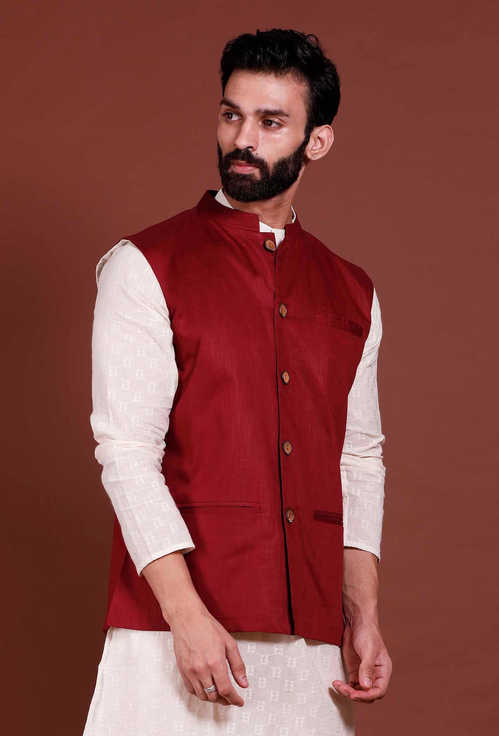 Dark Red Cotton Nehru Jacket - Image 5
