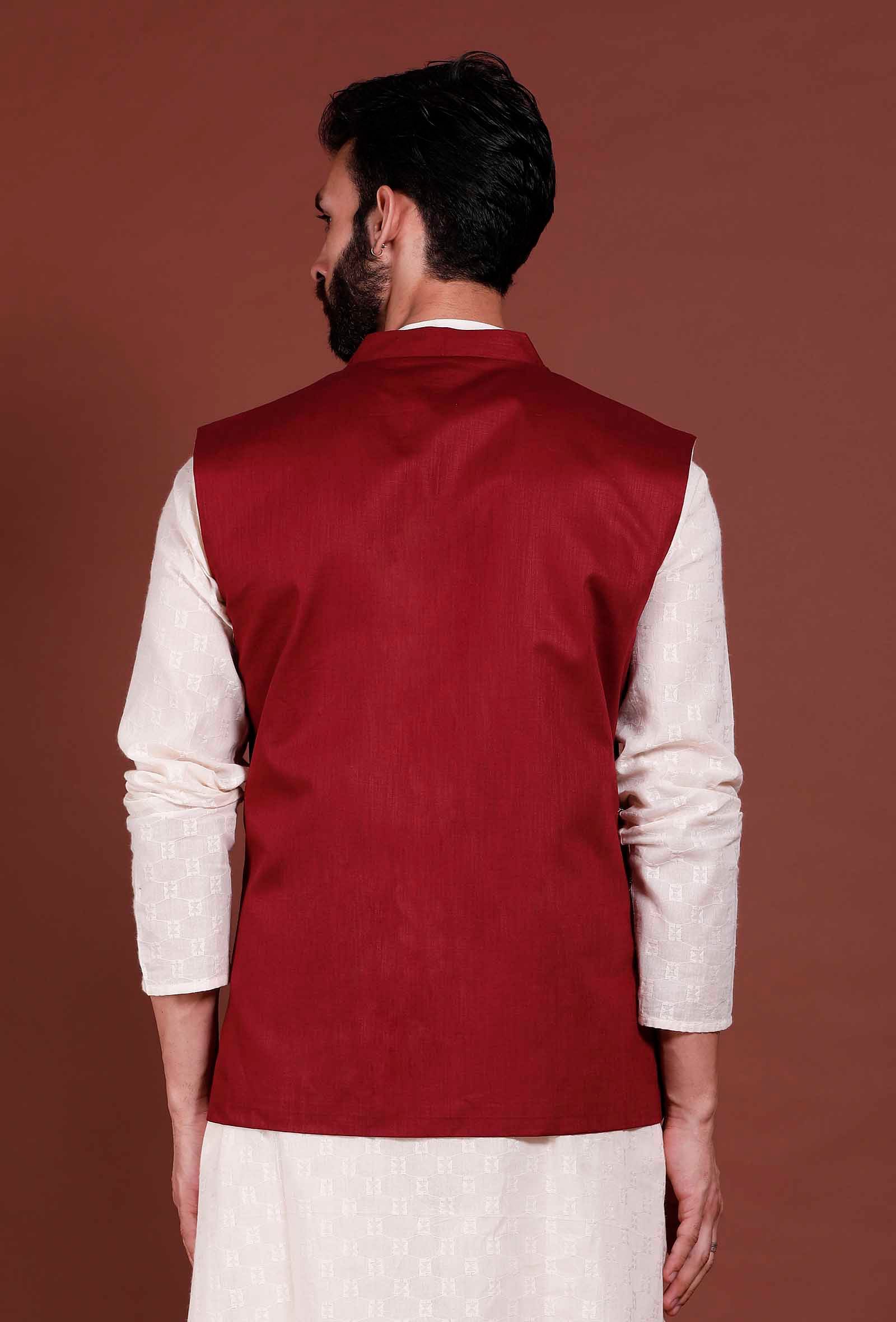 Dark Red Cotton Nehru Jacket - Image 7