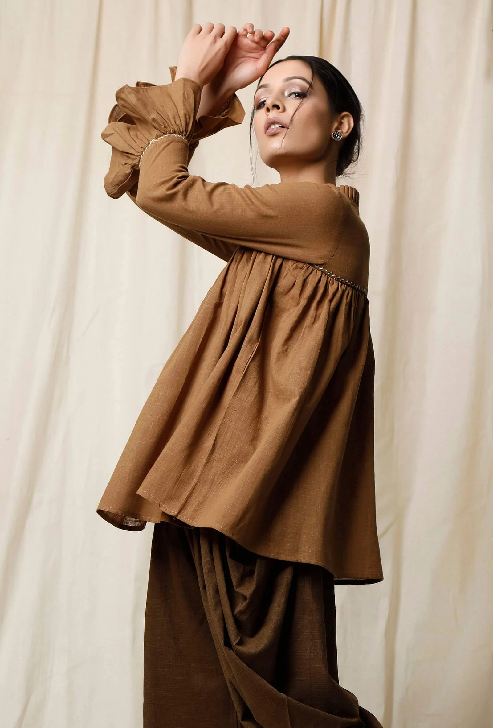 Khaki Cotton Slub Gathered Top - Image 3