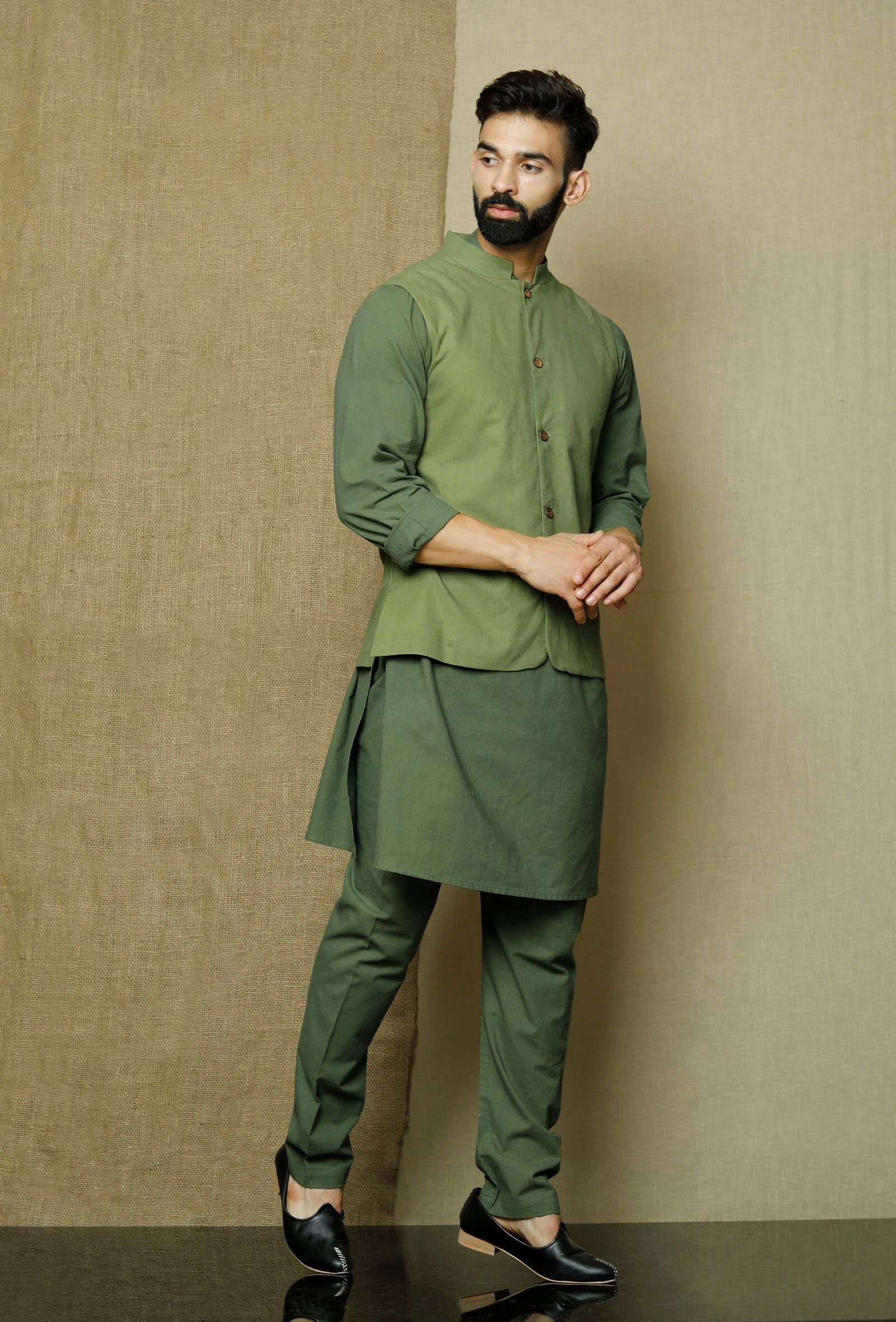 Olive Green Nehru Jacket - Image 3