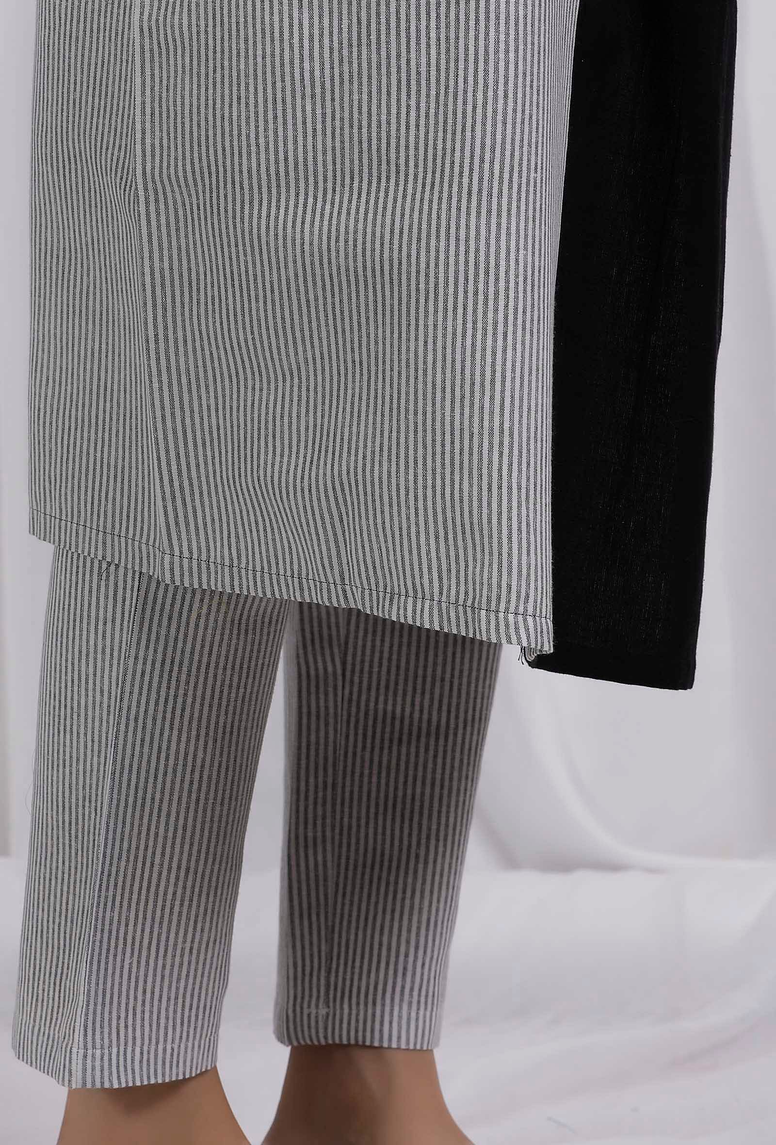 Set Of 2: Black Cotton Cotton Kurta With Cotton Black Striped Straight Pants - Image 7