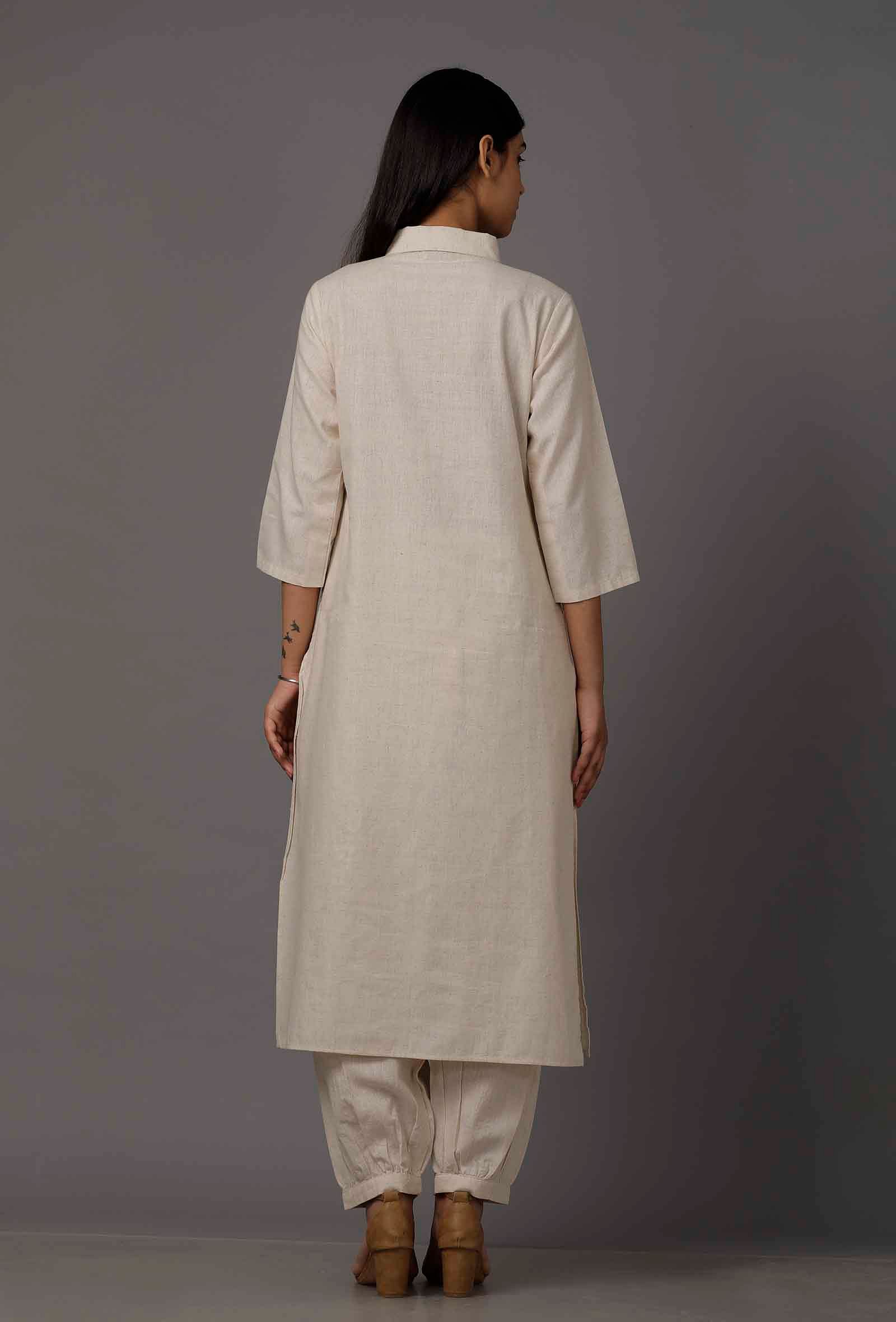 Set of 2: White Pure Woven Cotton Kurta and Pants - Image 5